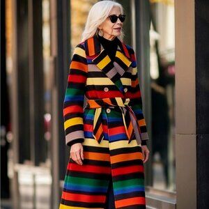 Rainbow Striped Trench Winter Long Coat - Double Breasted With Belt Polyester